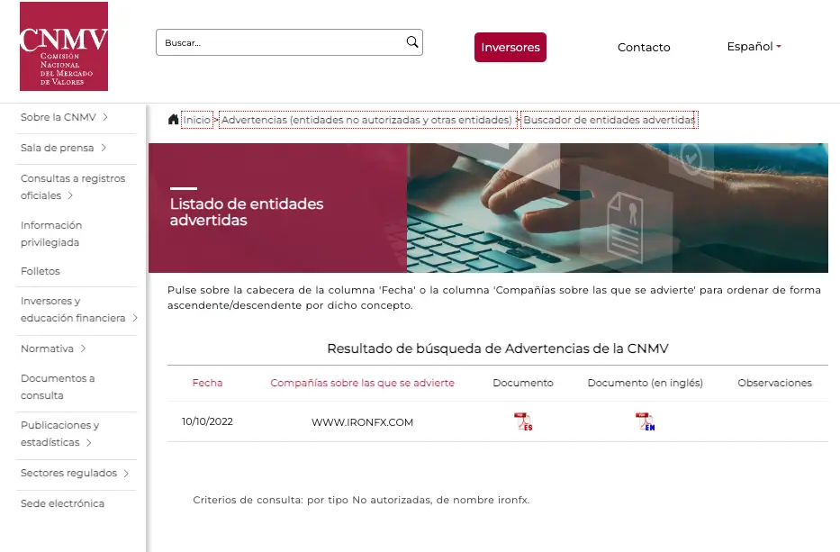 ironfx y la cnmv