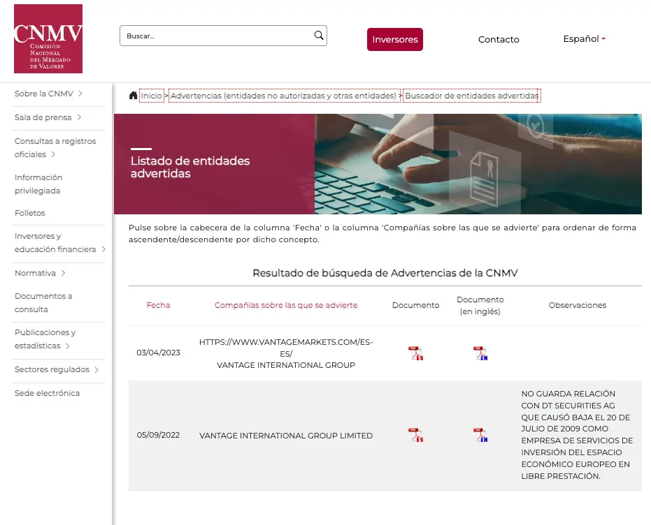 vantage markets y la cnmv