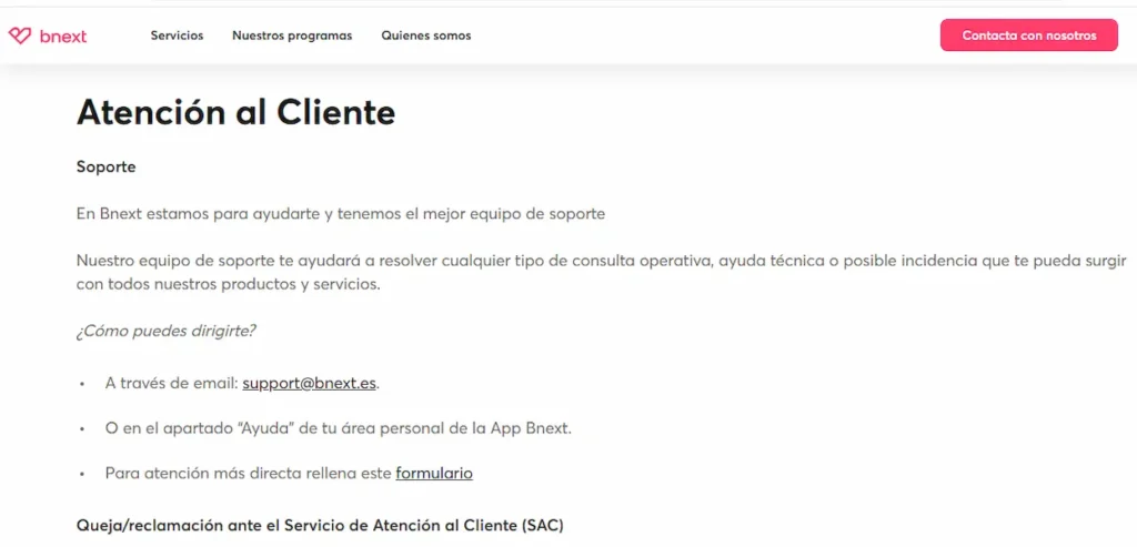 Atención al cliente Bnext