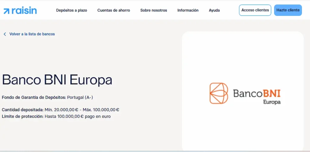 Depósitos Banco BNI Europa