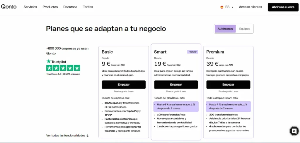 Planes Qonto Autónomos