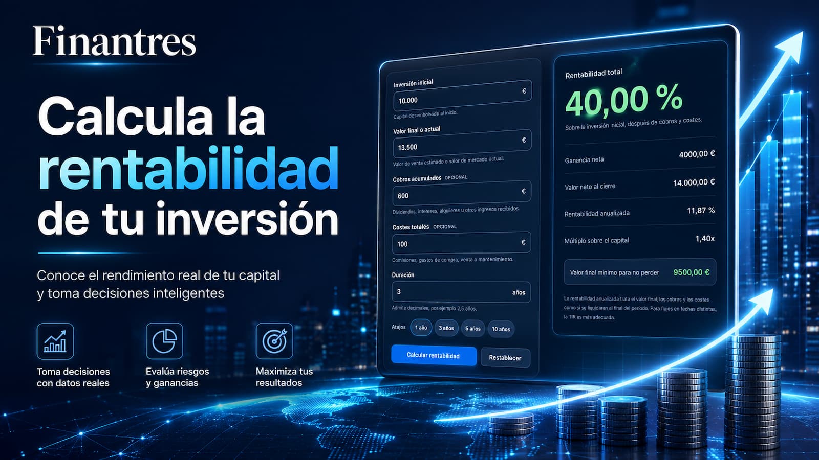 Calculadora de rentabilidad de inversión: total, anualizada y ganancia neta
