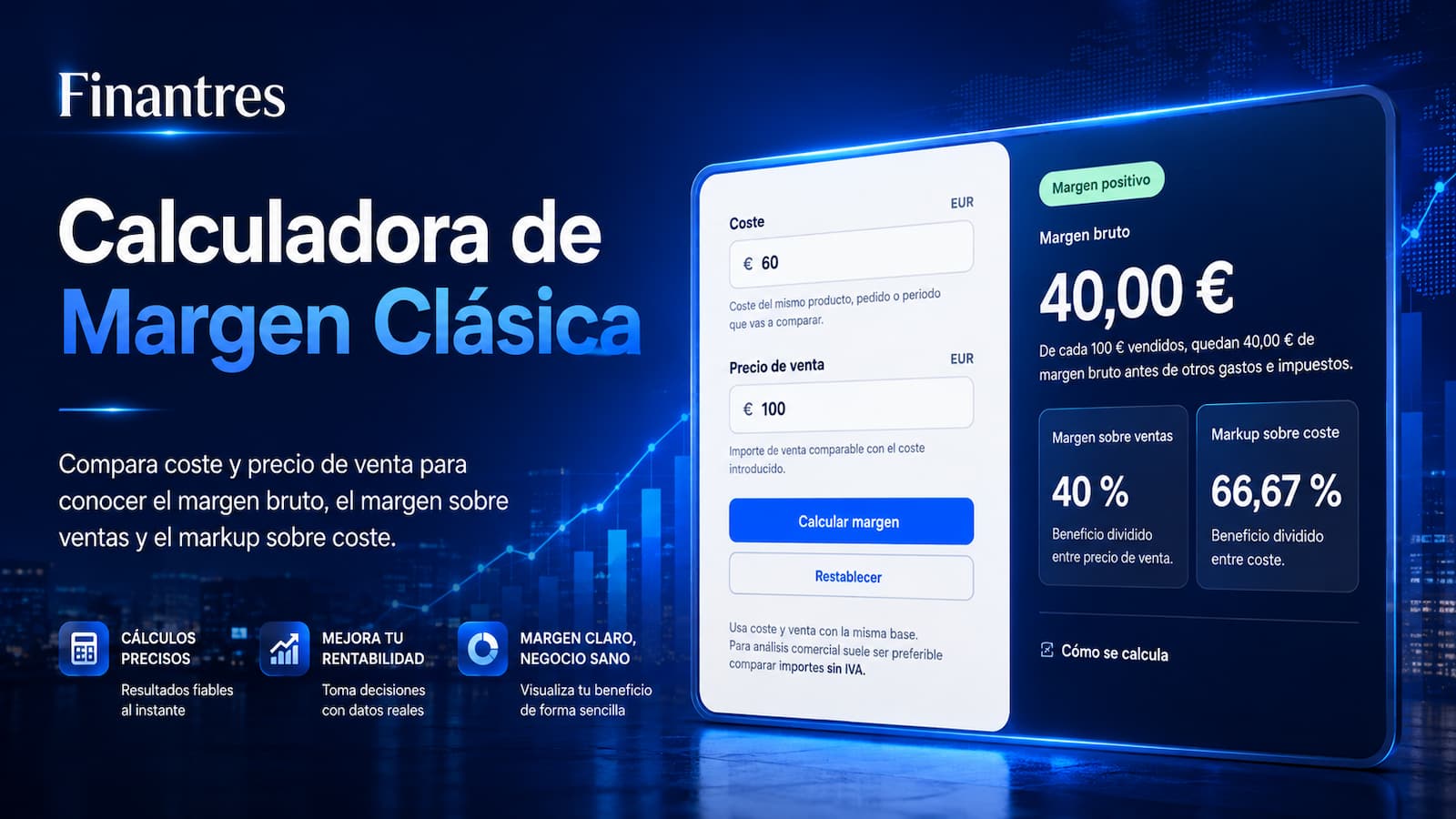 Calculadora de margen clásica: margen bruto, margen % y markup