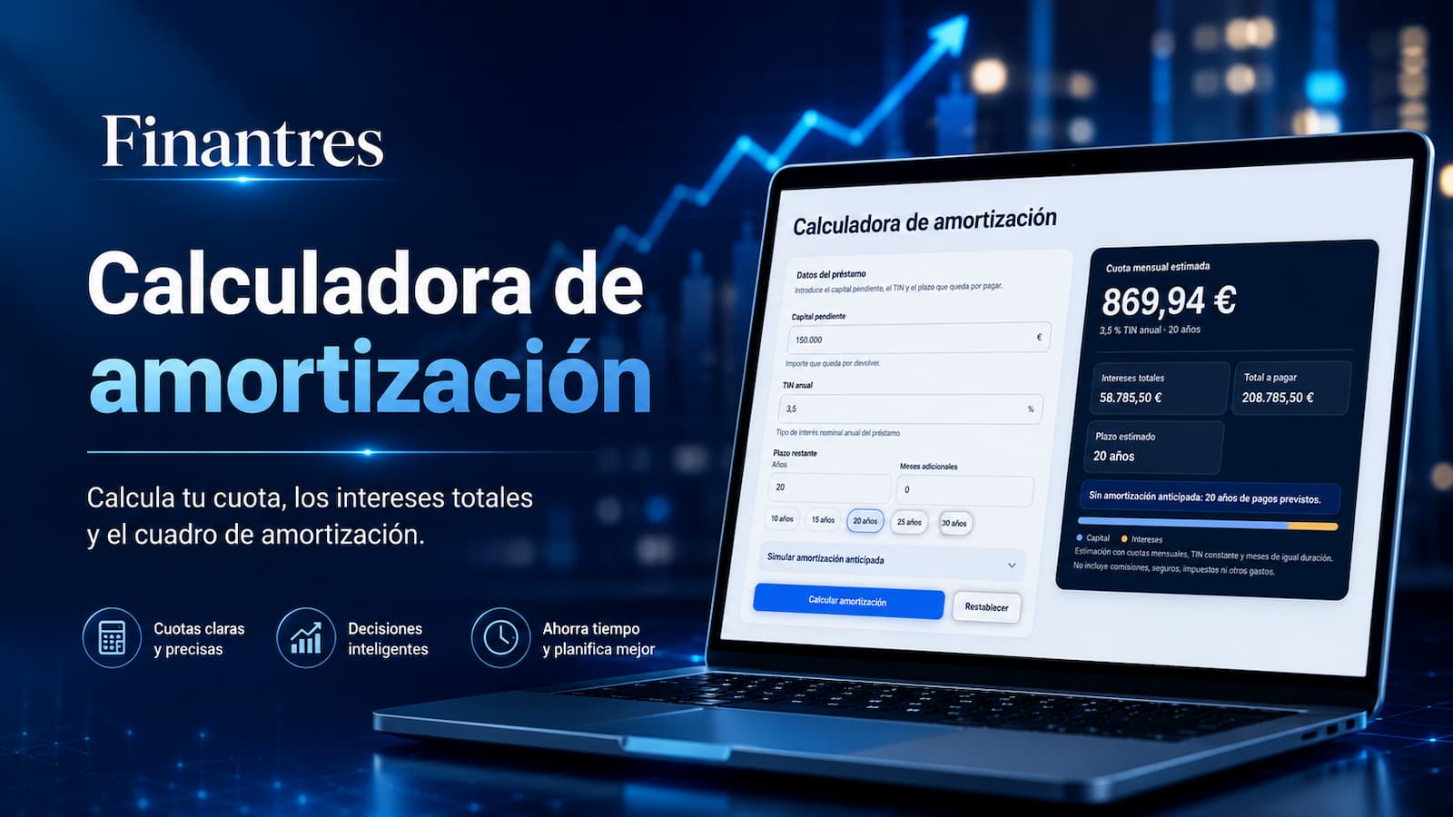 Calculadora de amortización de préstamos: cuota, intereses y tabla
