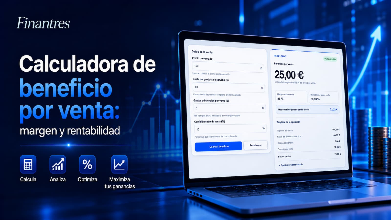 Calculadora de beneficio por venta: margen, rentabilidad y precio mínimo